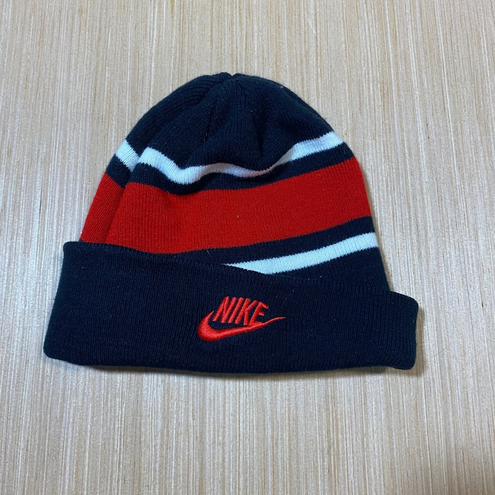 Nike Mens Striped Knit Beanie Navy Blue Red White Embroidered Futura Logo Hat